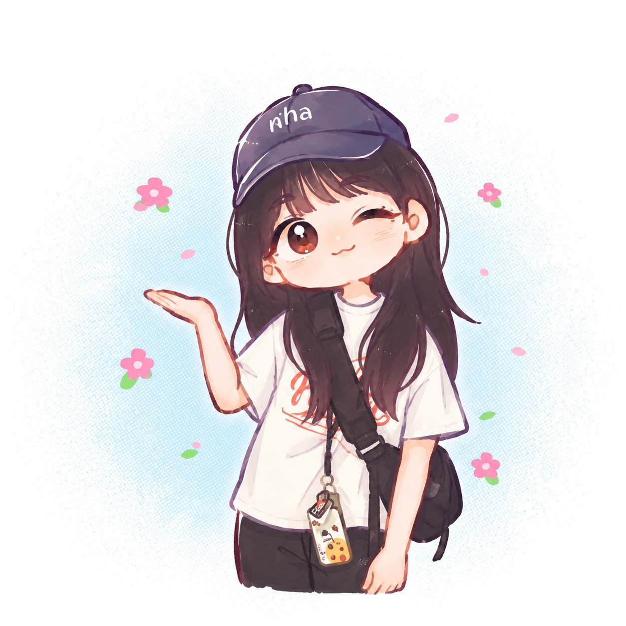 Illustrated portrait of Nha wearing a navy cap, surrounded by pink flowers